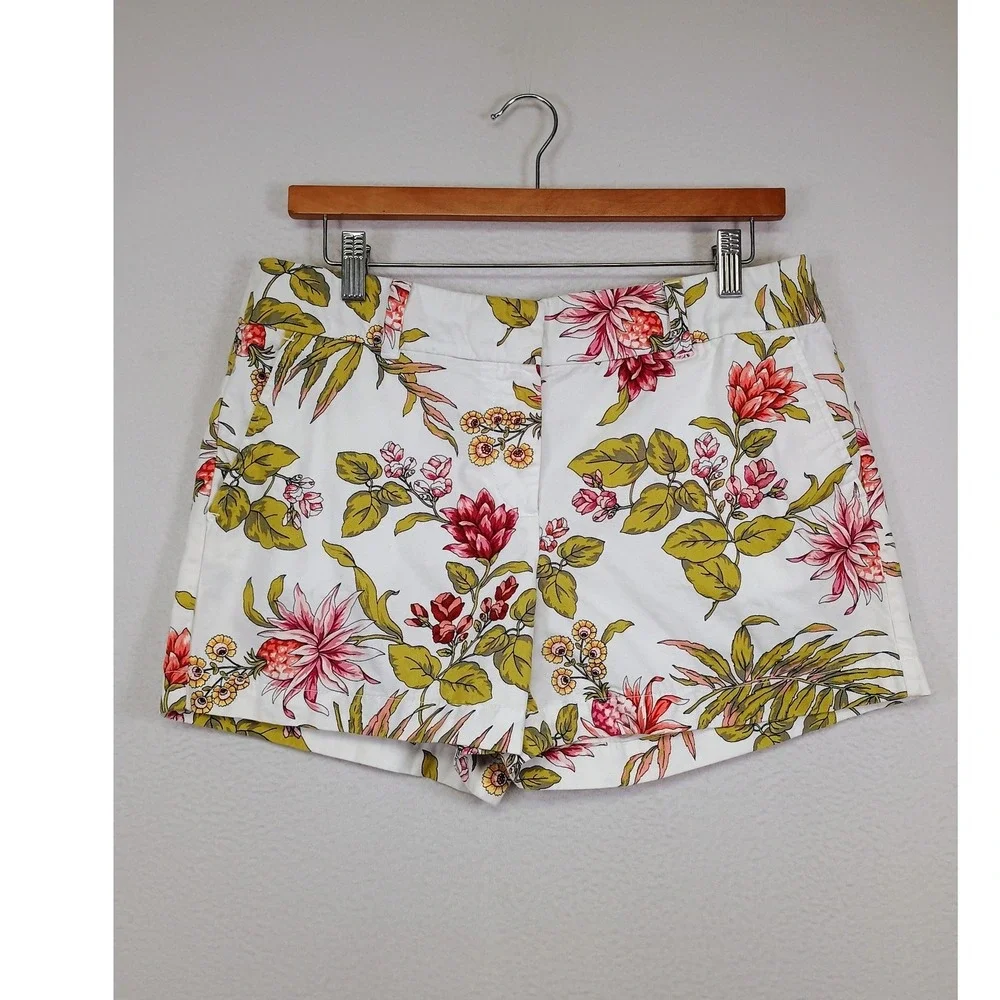 Tropical Floral Loft Outlet Womens Size 8 White Pink‎ Green Cotton Chino Shorts